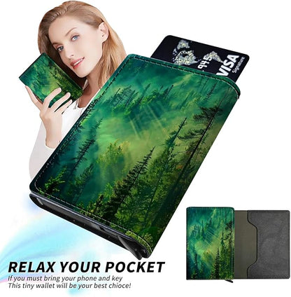 Forest Minimalist Wallet for Men Tarjeteros de hombres, Pop Up Card Case Wallet for Women, PU Leather Automatic Credit Card Holder Metal Money Clip Wallet RFID Blocking Bifold Pocket Wallet