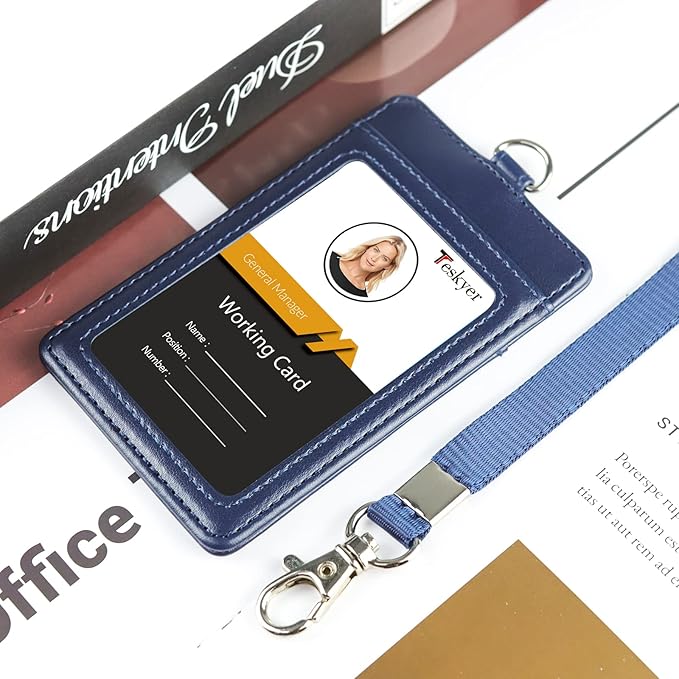 Teskyer Badge Holder with Lanyard, Leather ID Name Badge Card Holder with Lanyard for ID Badges, Vertical Blue