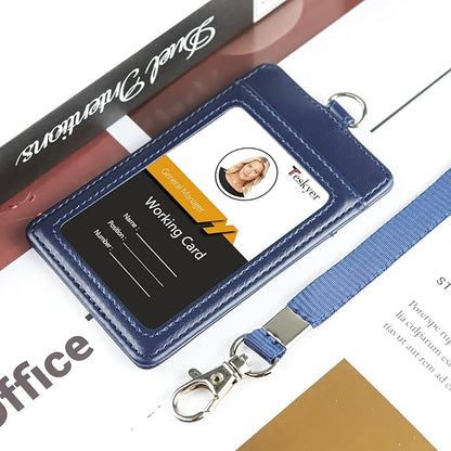Teskyer Badge Holder with Lanyard, Leather ID Name Badge Card Holder with Lanyard for ID Badges, Vertical Blue