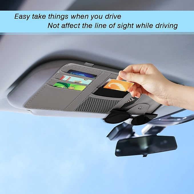 Car Sun Visor Organizer, Leather Pocket Organizer Sunglass Holder for Car Interior Accessories with Multi-Pocket Net Zipper (Gray)