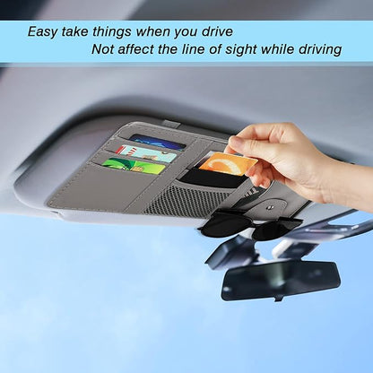 Car Sun Visor Organizer, Leather Pocket Organizer Sunglass Holder for Car Interior Accessories with Multi-Pocket Net Zipper (Gray)