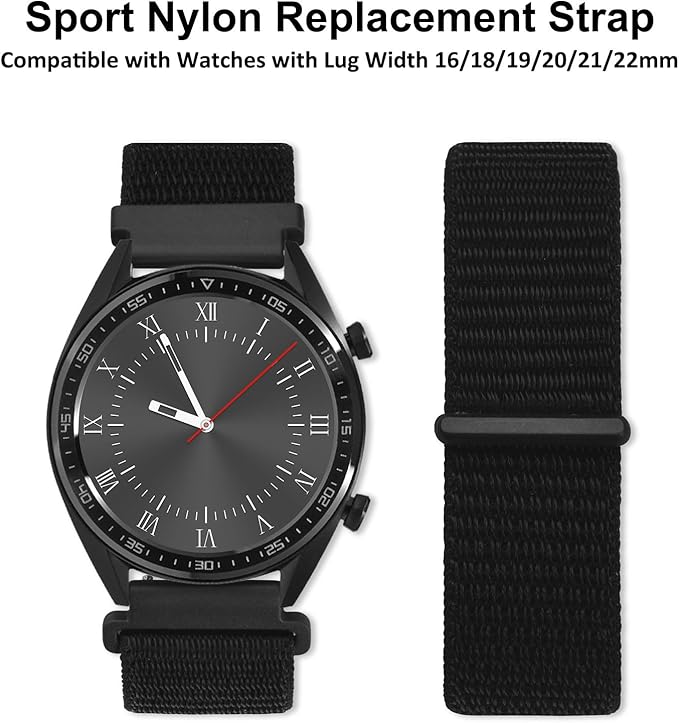 WOCCI 19mm Adjustable Nylon Watch Band, Quick Release Sport Loop Strap (Black)