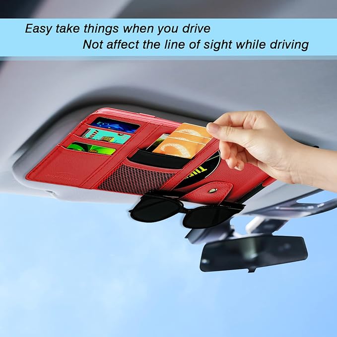 Car Sun Visor Organizer, Leather Pocket Organizer Sunglass Holder for Car Interior Accessories with Multi-Pocket Net Zipper (Red)