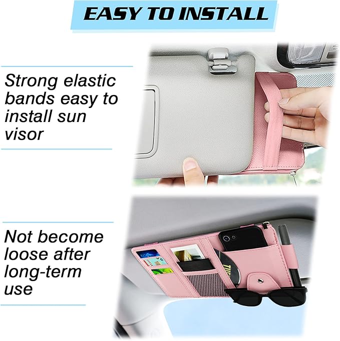 Car Sun Visor Organizer, Leather Pocket Organizer Sunglass Holder for Car Interior Accessories with Multi-Pocket Net Zipper, Pink