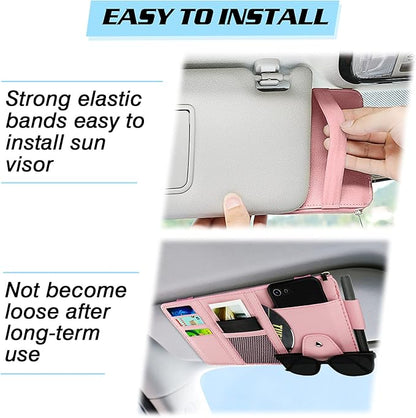Car Sun Visor Organizer, Leather Pocket Organizer Sunglass Holder for Car Interior Accessories with Multi-Pocket Net Zipper, Pink