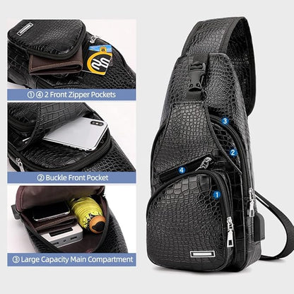 Peicees Leather Sling Bag Mens Crossbody Bag Chest Bag Sling Backpack for Men with USB Charge Port