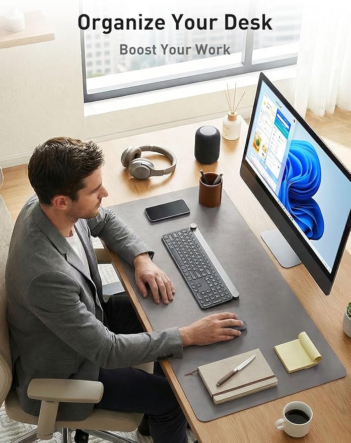 Aothia Faux Leather Desk Mat - Non-Slip PU Leather Desk Blotter, Waterproof Writing Surface, Large Desk Pad for Office & Home (Light Grey, 55" x 24")