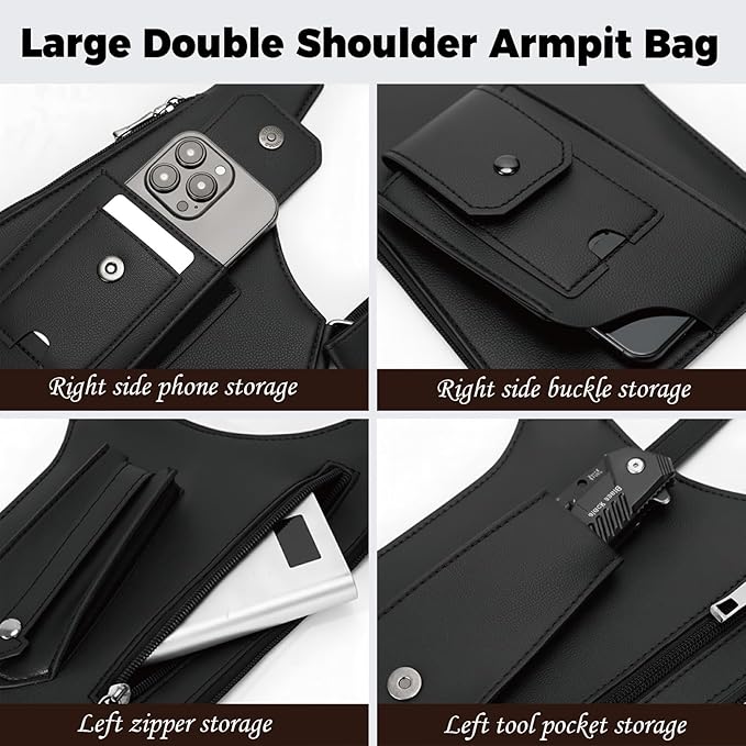 ECGER Large Double Shoulder Armpit Bag - Underarm Holster for Men, Anti-Theft Concealed Crossbody Wallet|phone Pouch for Outdoor Travel Cycling Work, Premium PU Leather (Brown Armpit Bag)