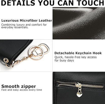 Women Small Wallet RFID Blocking Slim Wallet with Coin Pocket Tri-Fold Credit Card Holder with ID Window and Keychain (Black)