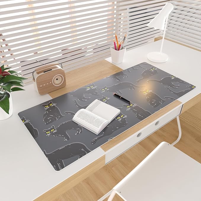 Colorful Star Black Large Mouse Pad, Cute Cat Waterproof Office Desk Mat, Non-Slip Gaming Mouse Pad, XXL PC Laptop Protector Pads, PU Leather Desk Writing Pads for Office Home, 31.5" x 15.7"