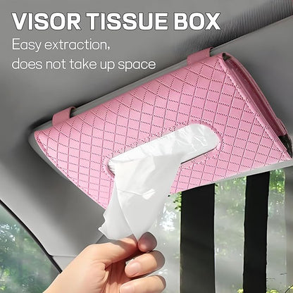 Car Tissue Holder, Leather Tissue Holder for Car Sun Visor, Rectangular Auto Sun Visor Napkin Holder Mask Dispenser, Universal Vehicle Tissue Box Sun Visor Accessory (Plaid-Pink)