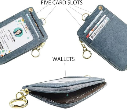 bolimoss Id Badge Holder with Neck Lanyard Pu Leather Wallet,Pink Lanyard with Id Holders,Wristlet & Long Lanyard, 1 Clear Window, 4 Credit Card Slots, Phone Holder, Ring Keychain,Zipper Pouch