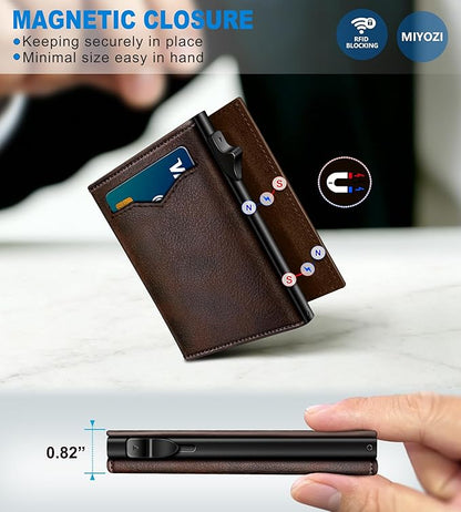 miyozi Wallet for Men,with Cash Pocket 2 ID Window 9-13 Cards,Metal Case Smart Slim Pop Up Credit Card Holder Flip with Magnetic Closure RFID Blocking Trifold wallet with Gift Box