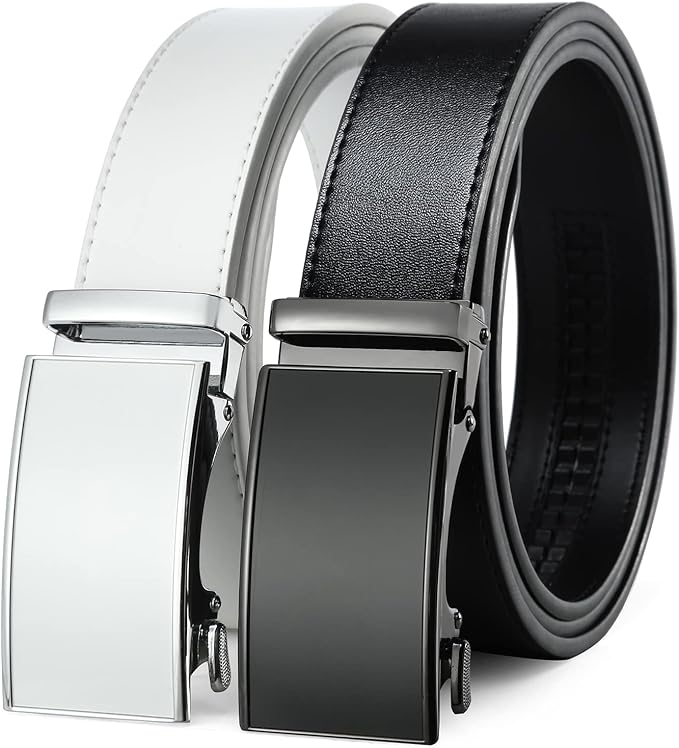 2 Pack Ratchet Belt 1 3/8", Mens leather Dress Belt in Gift Set Size 28"-62" Adjustable waist Trim to Fit