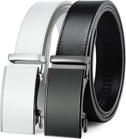2 Pack Ratchet Belt 1 3/8", Mens leather Dress Belt in Gift Set Size 28"-62" Adjustable waist Trim to Fit