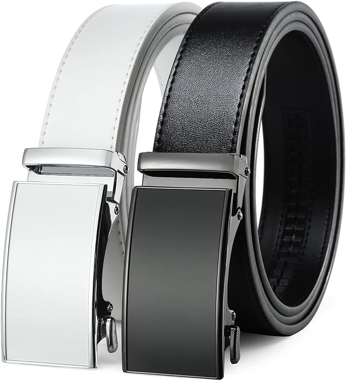 2 Pack Ratchet Belt 1 3/8", Mens leather Dress Belt in Gift Set Size 28"-62" Adjustable waist Trim to Fit