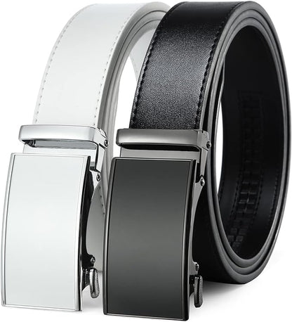 2 Pack Ratchet Belt 1 3/8", Mens leather Dress Belt in Gift Set Size 28"-62" Adjustable waist Trim to Fit