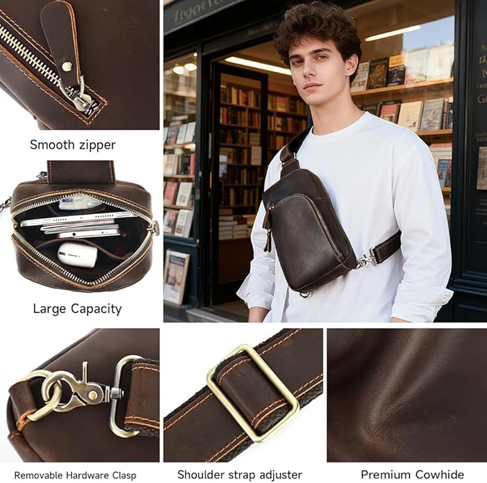 Genuine Leather Sling Bags for Men Crossbody Purse Vintage Small Messenger Shoulder Bag for Phone Side Chest Daypack Bag