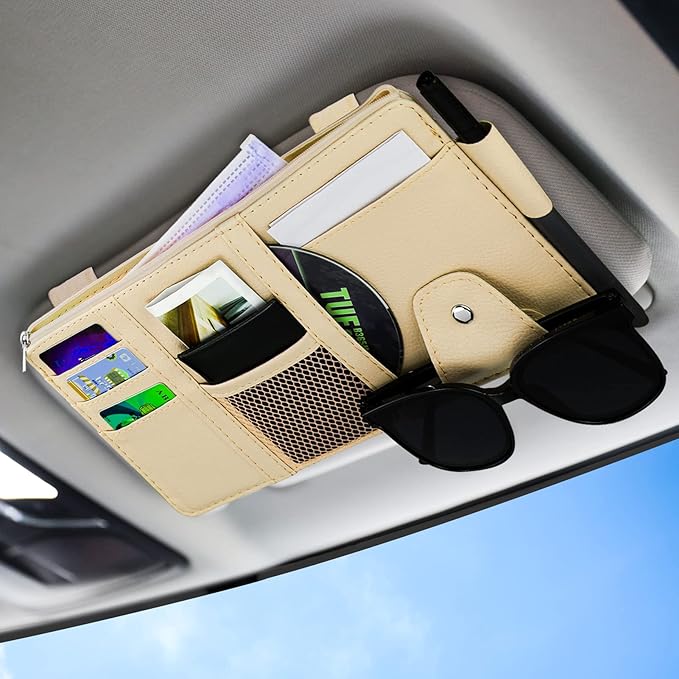 Car Sun Visor Organizer, Leather Pocket Organizer Sunglass Holder for Car Interior Accessories with Multi-Pocket Net Zipper, Beige
