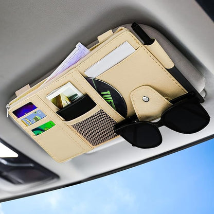 Car Sun Visor Organizer, Leather Pocket Organizer Sunglass Holder for Car Interior Accessories with Multi-Pocket Net Zipper, Beige