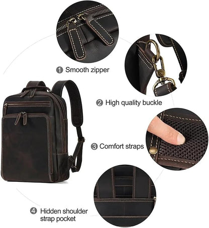 Mens Leather Backpacks 15.6-inch Laptop Backpack Business Backpack Classic Backpack Travel Backpack for Men(Coffee)