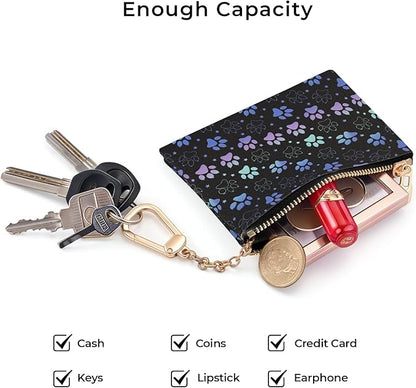 Dog Paw Cute Keychain Coin Purse for Women, Small PU Leather Change Pouch, Zipper Little Travel Credit Card Wallet for Girls, Tiny Zip Pocket Coin Holder with Key Ring for Ladies Gifts