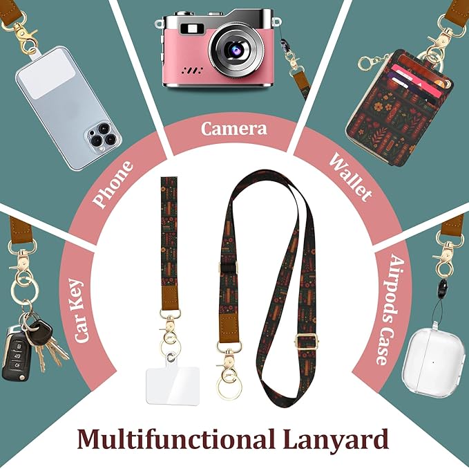 Plant Bookshelf Lanyard Wallet, PU Leather Lanyards for ID Badges, RFID Blocking, Detachable Phone Lanyard Keychain Wristlet ID Badge Holder with Zipper Pocket for Office School Business