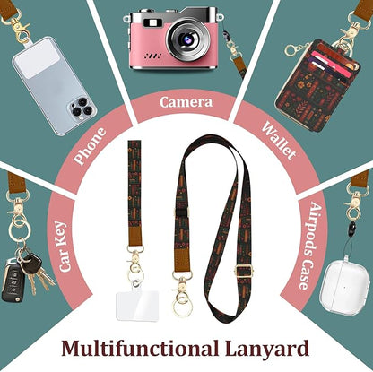 Plant Bookshelf Lanyard Wallet, PU Leather Lanyards for ID Badges, RFID Blocking, Detachable Phone Lanyard Keychain Wristlet ID Badge Holder with Zipper Pocket for Office School Business