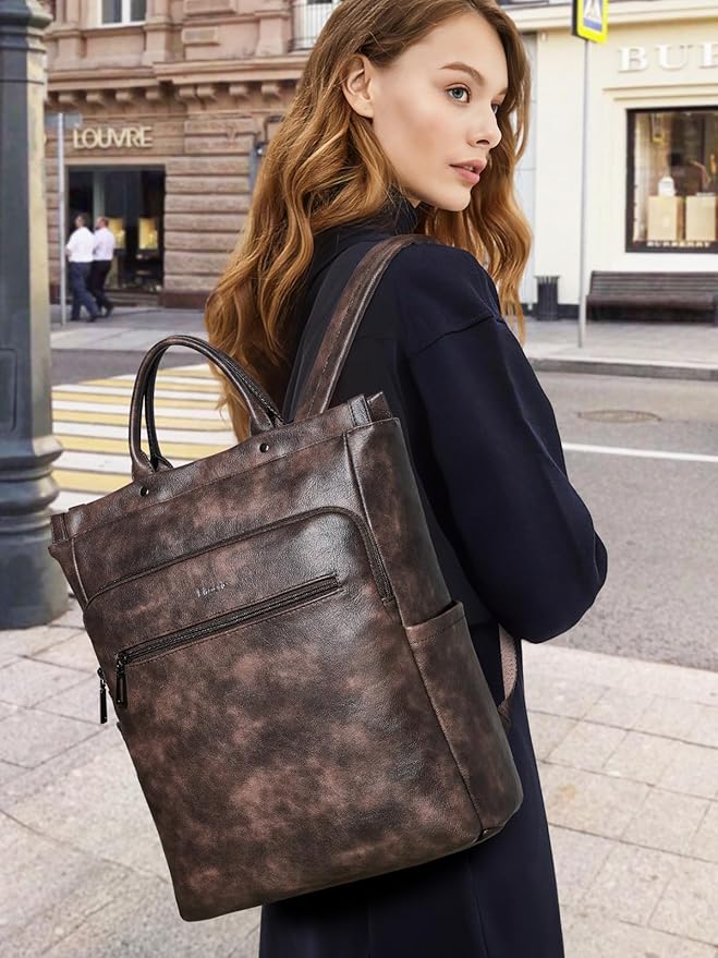 Leather Laptop Backpack for Women, Travel Backpack Purse Fits 15.6 Inch Laptop, Casual Daypack with Laptop Compartment for College Work Business Nurse Weekender, Coffee