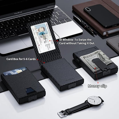 Wallet for Men, Gift Boxed Slim Minimalist Wallet for Men with Money Clip and Genuine Leather Slots RFID Blocking Pop Up Metal Aluminum Smart Wallet Card Case (Carbon Fibre Black)
