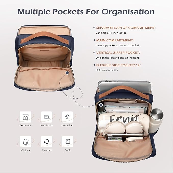 GOLF SUPAGS Stylish Laptop Backpack for Women Airline Approved Perfect for Work College and Travel Multi-Functional Casual Daypack Fits 14 Inch Notebook (Navy Blue)