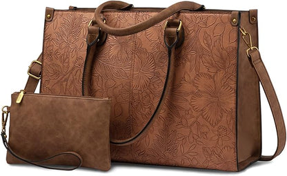 LOVEVOOK Laptop Tote Bag for Women, 15.6 Inch Large Capacity Vintage Leather Work Computer Bag, Business Casual Shoulder Handbag, Brown Embossed