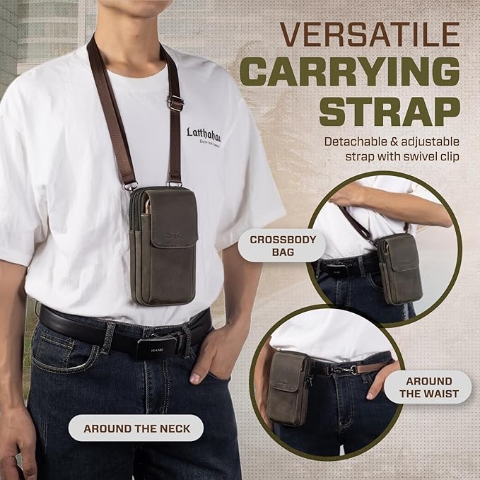 Hengwin Leather Men Cell Phone Holster Wallet Case with Belt Clip Travel Messenger Bag Waist Pouch Crossbody Purse Fit for iPhone 16 Pro Max 15 Pro Max 14 Pro Max Samsung Galaxy S25 Ultra S24+ (Grey)