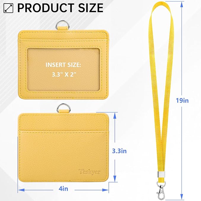 Teskyer Badge Holder with Lanyard, Leather ID Name Badge Card Holder with Lanyard for ID Badges, Horizontal, Lychee Pattern Yellow
