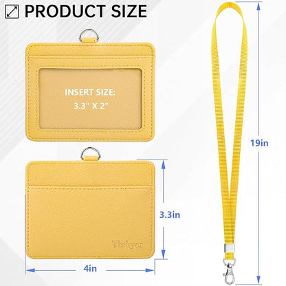 Teskyer Badge Holder with Lanyard, Leather ID Name Badge Card Holder with Lanyard for ID Badges, Horizontal, Lychee Pattern Yellow