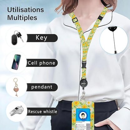 bolimoss Daisy Breakaway Lanyards for Id Badges, Cute Flower Leather Badge Holder with Retractable Adjustable Lanyard ID Name Badge Card Holder with Safety Quick Release Buckles for Women Teacher