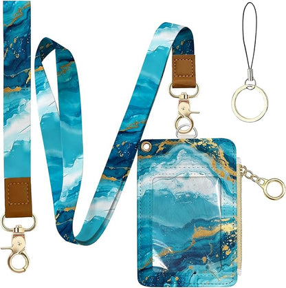 Blue Waves Leather Badge Holder with Zipper Pocket, Sea Work Lanyards and 1 Zip Pocket and 4 Card Slots, Gamer Breakaway Lanyards with Metal Clasp for Boys, Adult, Teachers