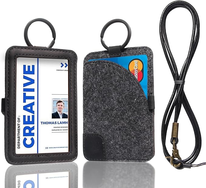 Genuine Badge Holder with Leather Lanyard, Soft Leather ID Card Holder with a Detachable Metal Clip, Clear Window, 2 Card Slots for Office & School IDs, Work Name Cards (Pitch-Black 03)