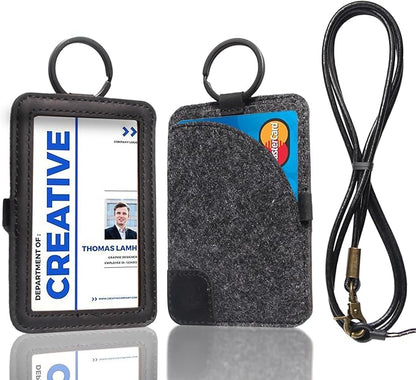 Genuine Badge Holder with Leather Lanyard, Soft Leather ID Card Holder with a Detachable Metal Clip, Clear Window, 2 Card Slots for Office & School IDs, Work Name Cards (Pitch-Black 03)