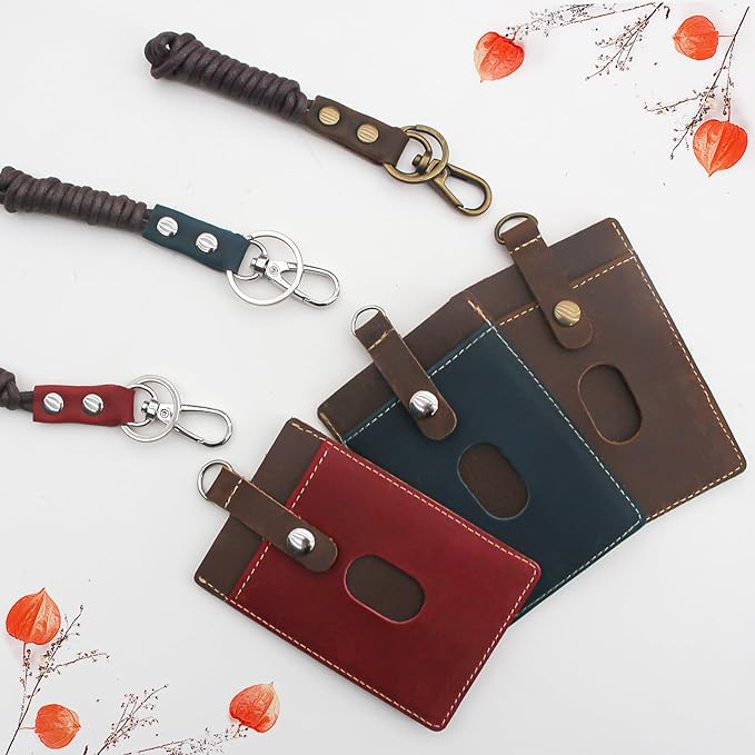 Badge Holder: Boshiho Cowhide Leather ID Badge Card Holder with 19" Neck Lanyard, Vertical Style (Brown-Red)