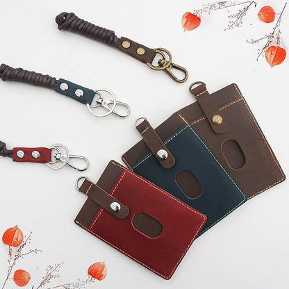 Badge Holder: Boshiho Cowhide Leather ID Badge Card Holder with 19" Neck Lanyard, Vertical Style (Brown-Red)