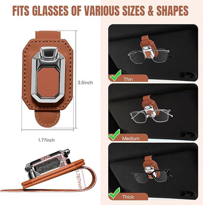 2PCS Sunglass Holder for Car Visor, Faux Leather Eyeglass Holder Clip for Car Sun Visor Organizer, Universal One Handed Operation Sun Glass Hanger, Car Interior Accessories for Women Man