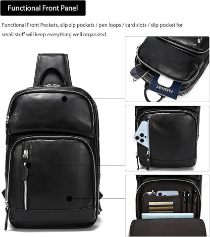 LANNSYNE Full Grain Leather Sling Bag For Men, Crossbody Bag fits 12.9" iPad Crossbody Chest Daypack