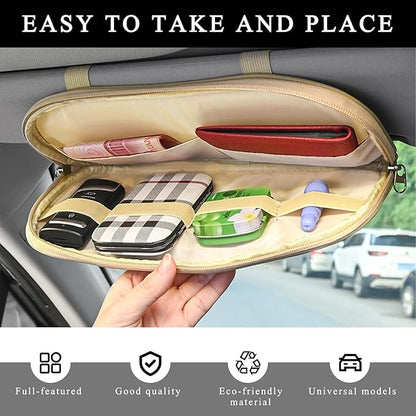 Car Sun Visor Organizer, Leather Multi-Pocket Visor Organizer Pouch with Double Zippers Net, Sunglass Holder Storage Pocket for License Pen Key Card Registration Document (Beige)
