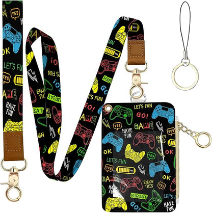 Gamepad Leather Badge Holder with Zipper Pocket, Game Work Lanyards and 1 Zip Pocket and 4 Card Slots, Gamer Breakaway Lanyards with Metal Clasp for Boys, Adult, Teachers