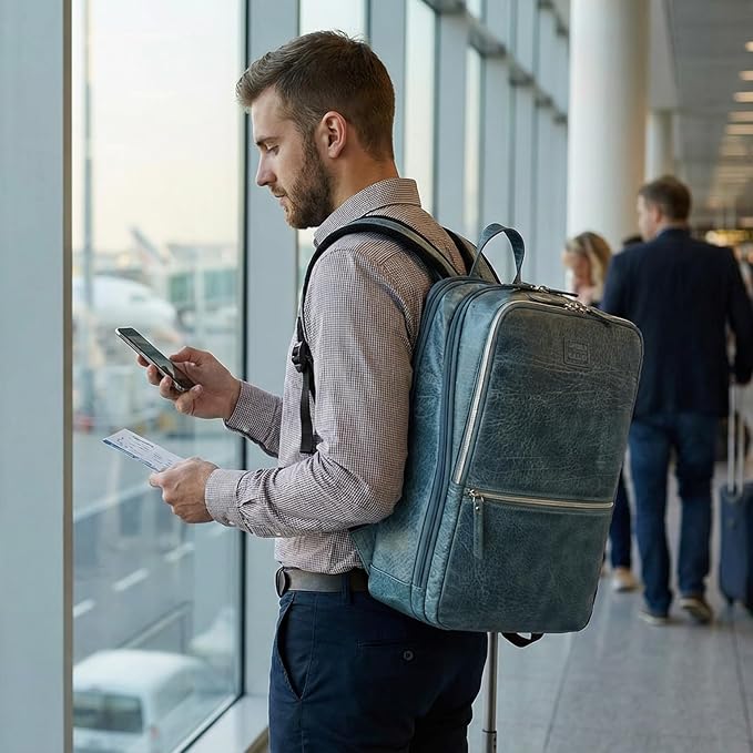 LEATHER VILLAGE Leather Laptop Backpack for Men | Teal Blue | Slim Professional Business Bag Fits 15.6”-Laptop | Water-Repellent Work & Travel Daypack with Trolley Strap
