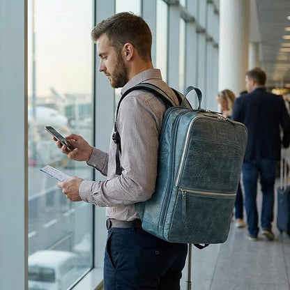 LEATHER VILLAGE Leather Laptop Backpack for Men | Teal Blue | Slim Professional Business Bag Fits 15.6”-Laptop | Water-Repellent Work & Travel Daypack with Trolley Strap