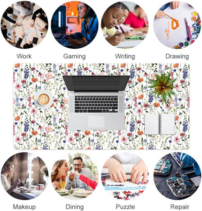Colorful Star Large Mouse Pad, Watercolor Floral Desk Mat Office Supplies, Waterproof Faux Leather Big Gaming Mousepad for Women Girls, Flowers Desk Pad Home Office Décor Accessories 31.5" x 15.7"