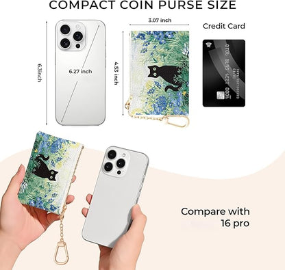 Black Cat Art Painting Keychain Coin Purse for Women, Small PU Leather Change Pouch, Zipper Little Tiny Travel Wallet for Girls, Cute Kawaii Zip Pocket Coin Holder with Key Ring