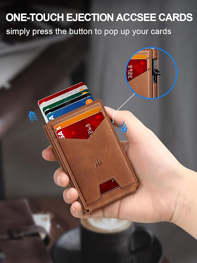 Wallet for Men, Slim Minimalist Wallet with Money Clip＆ID Window, RFID Blocking Pop-Up Credit Card Holder, Smart Auminum Mens Wallet Holds 9-13 Cards (Gift Box) (Brown)